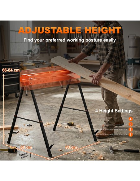 HOMCOM Saw Horses Twin Pack, Folding Work Bench Sawhorses with Height Adjustable Legs, 2x4 Bracket, Orange - pic 204322 | FastDaddyshop