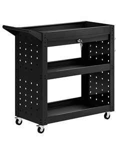 HOMCOM Tool Cart with Lockable Wheels, Rolling Workshop Cart with 3-Tier Trays, Drawer, Pegboards, Black