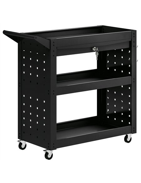 HOMCOM Tool Cart with Lockable Wheels, Rolling Workshop Cart with 3-Tier Trays, Drawer, Pegboards, Black - pic 204327 | FastDaddyshop