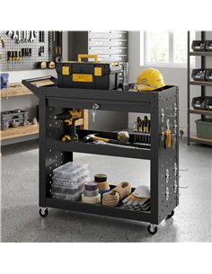 HOMCOM Tool Cart with Lockable Wheels, Rolling Workshop Cart with 3-Tier Trays, Drawer, Pegboards, Black 2