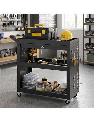 HOMCOM Tool Cart with Lockable Wheels, Rolling Workshop Cart with 3-Tier Trays, Drawer, Pegboards, Black