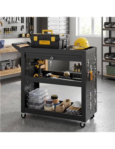 HOMCOM Tool Cart with Lockable Wheels, Rolling Workshop Cart with 3-Tier Trays, Drawer, Pegboards, Black - pic 204328 | FastDaddyshop