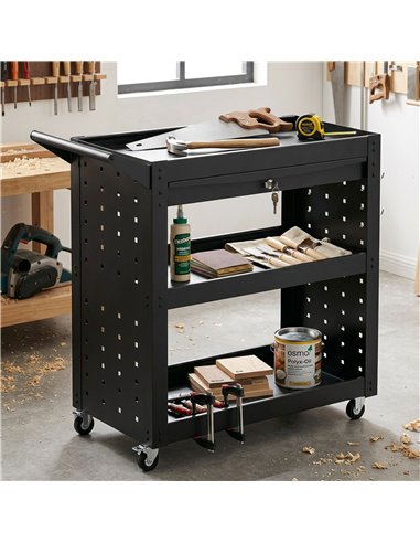 HOMCOM Tool Cart with Lockable Wheels, Rolling Workshop Cart with 3-Tier Trays, Drawer, Pegboards, Black