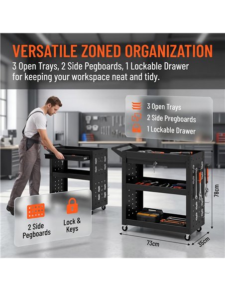 HOMCOM Tool Cart with Lockable Wheels, Rolling Workshop Cart with 3-Tier Trays, Drawer, Pegboards, Black - pic 204330 | FastDaddyshop