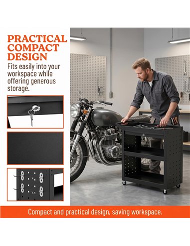HOMCOM Tool Cart with Lockable Wheels, Rolling Workshop Cart with 3-Tier Trays, Drawer, Pegboards, Black