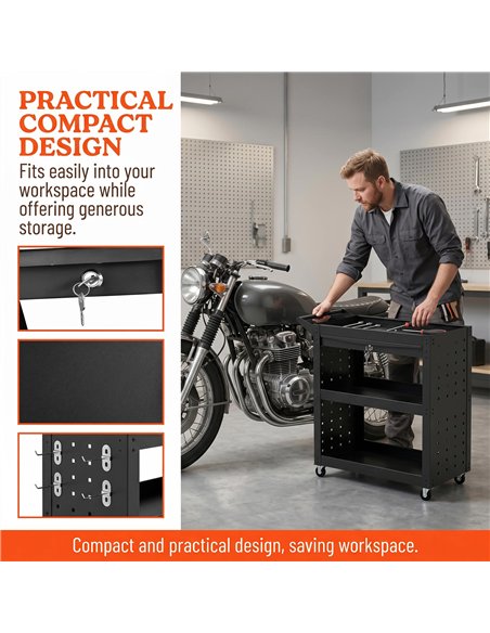 HOMCOM Tool Cart with Lockable Wheels, Rolling Workshop Cart with 3-Tier Trays, Drawer, Pegboards, Black - pic 204332 | FastDaddyshop