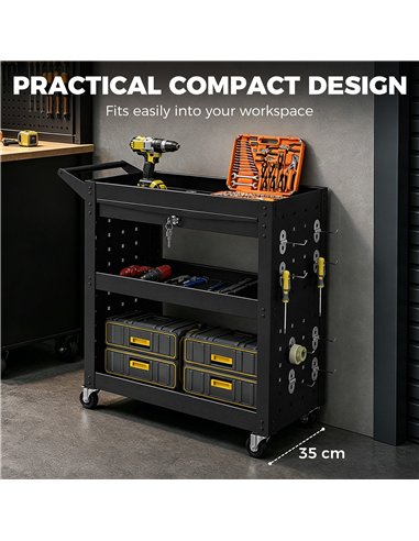HOMCOM Tool Cart with Lockable Wheels, Rolling Workshop Cart with 3-Tier Trays, Drawer, Pegboards, Black