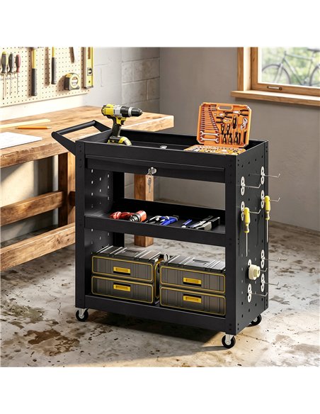HOMCOM Tool Cart with Lockable Wheels, Rolling Workshop Cart with 3-Tier Trays, Drawer, Pegboards, Black - pic 204334 | FastDaddyshop