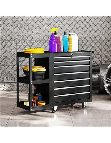 HOMCOM Lockable Steel Tool Chest on Wheels, 7 Drawer Tool Box with Handle for Workshop, Garage, Black