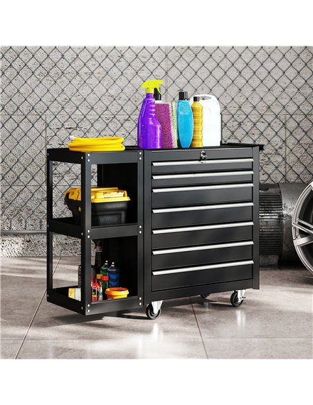 HOMCOM Lockable Steel Tool Chest on Wheels, 7 Drawer Tool Box with Handle for Workshop, Garage, Black - pic 204337 | FastDaddyshop
