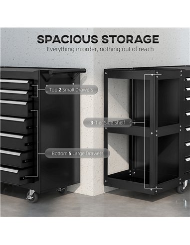 HOMCOM Lockable Steel Tool Chest on Wheels, 7 Drawer Tool Box with Handle for Workshop, Garage, Black