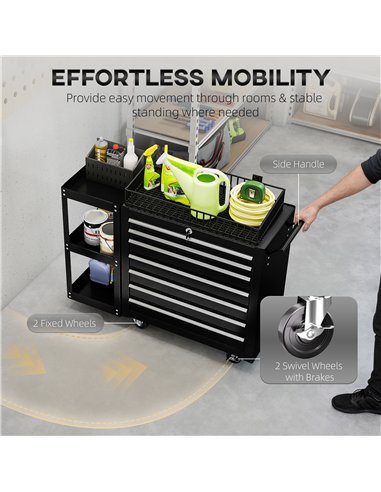 HOMCOM Lockable Steel Tool Chest on Wheels, 7 Drawer Tool Box with Handle for Workshop, Garage, Black