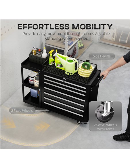 HOMCOM Lockable Steel Tool Chest on Wheels, 7 Drawer Tool Box with Handle for Workshop, Garage, Black - pic 204340 | FastDaddyshop