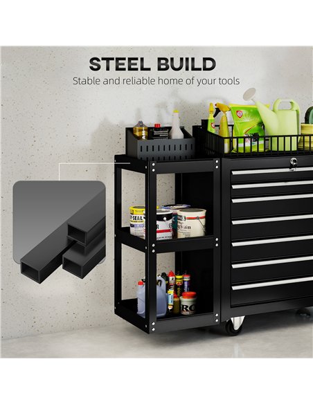 HOMCOM Lockable Steel Tool Chest on Wheels, 7 Drawer Tool Box with Handle for Workshop, Garage, Black - pic 204341 | FastDaddyshop
