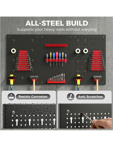 HOMCOM 28 Pcs Wall-Mounted Pegboard with 3 Boards, Garage Tool Storage Unit Black and Red