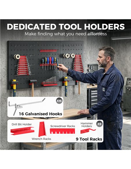 HOMCOM 28 Pcs Wall-Mounted Pegboard with 3 Boards, Garage Tool Storage Unit Black and Red - pic 204349 | FastDaddyshop