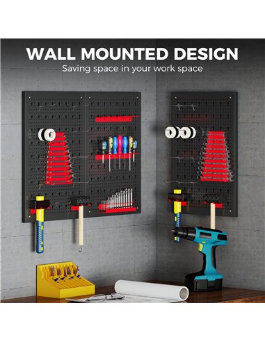 HOMCOM 28 Pcs Wall-Mounted Pegboard with 3 Boards, Garage Tool Storage Unit Black and Red