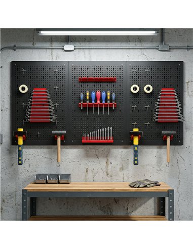 HOMCOM 28 Pcs Wall-Mounted Pegboard with 3 Boards, Garage Tool Storage Unit Black and Red