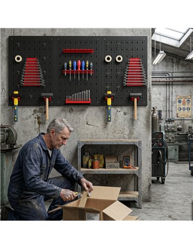 HOMCOM 28 Pcs Wall-Mounted Pegboard with 3 Boards, Garage Tool Storage Unit Black and Red