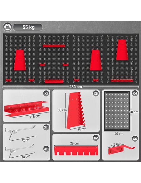 HOMCOM 38 Pcs Wall-Mounted Pegboard with 4 Boards, Garage Tool Storage Unit Black and Red - pic 204356 | FastDaddyshop