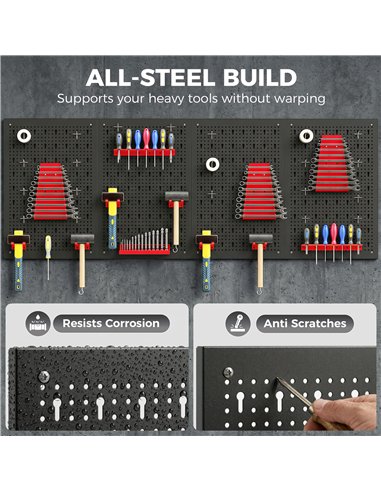 HOMCOM 38 Pcs Wall-Mounted Pegboard with 4 Boards, Garage Tool Storage Unit Black and Red
