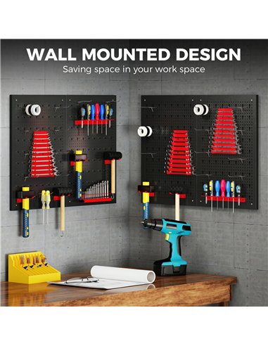 HOMCOM 38 Pcs Wall-Mounted Pegboard with 4 Boards, Garage Tool Storage Unit Black and Red