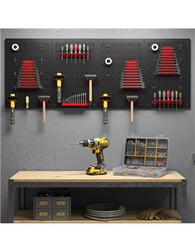 HOMCOM 38 Pcs Wall-Mounted Pegboard with 4 Boards, Garage Tool Storage Unit Black and Red