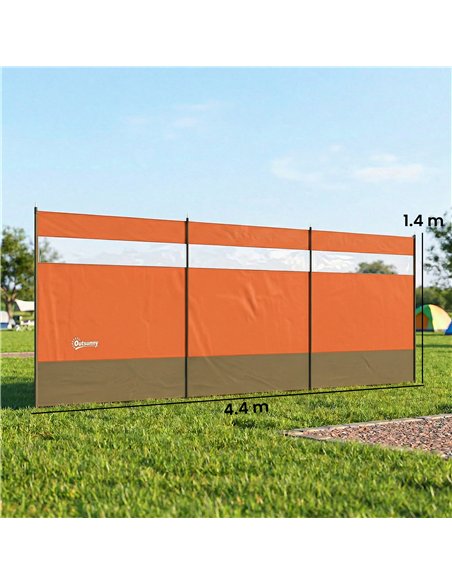 Outsunny Camping Windbreaker with Clear Windows, Carry Bag and Steel Poles, for Beach Caravan Campervan, 440 x 140cm, Orange - pic 204392 | FastDaddyshop
