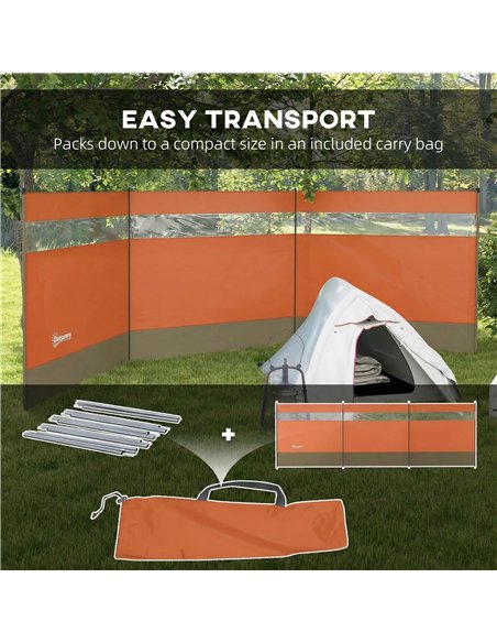 Outsunny Camping Windbreaker with Clear Windows, Carry Bag and Steel Poles, for Beach Caravan Campervan, 440 x 140cm, Orange - pic 204396 | FastDaddyshop
