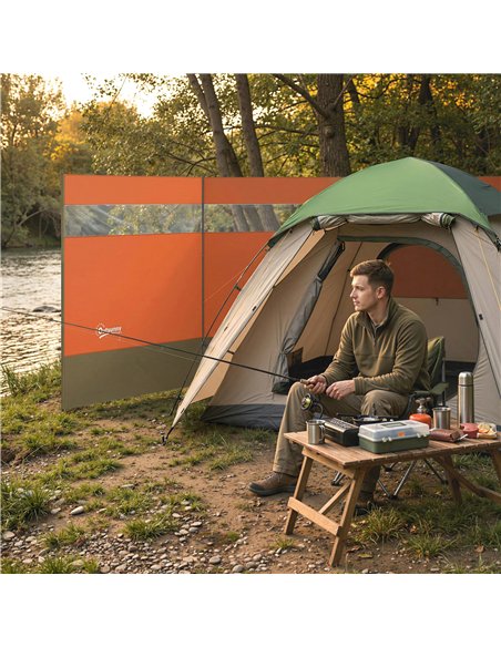 Outsunny Camping Windbreaker with Clear Windows, Carry Bag and Steel Poles, for Beach Caravan Campervan, 440 x 140cm, Orange - pic 204397 | FastDaddyshop
