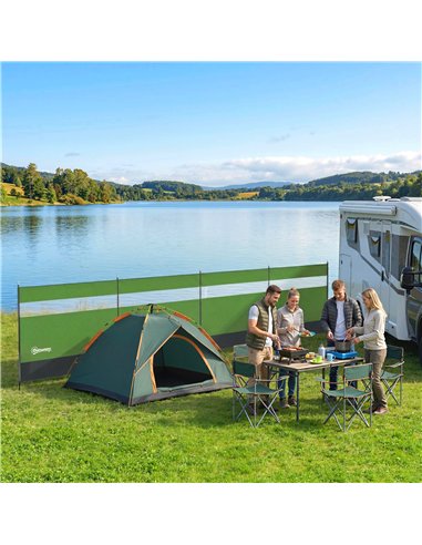 Outsunny Camping Windbreaker with Clear Windows, Carry Bag and Steel Poles, for Beach Caravan Campervan, 725 x 140cm, Army Green