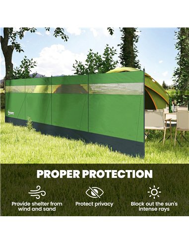 Outsunny Camping Windbreaker with Clear Windows, Carry Bag and Steel Poles, for Beach Caravan Campervan, 725 x 140cm, Army Green