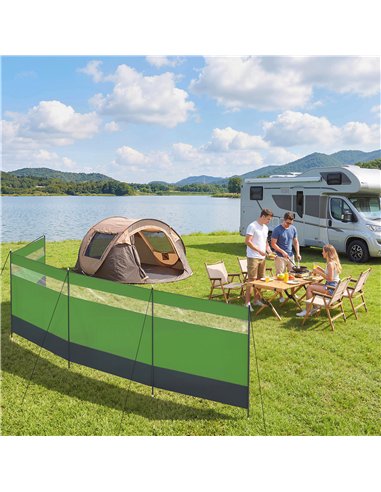 Outsunny Camping Windbreaker with Clear Windows, Carry Bag and Steel Poles, for Beach Caravan Campervan, 725 x 140cm, Army Green