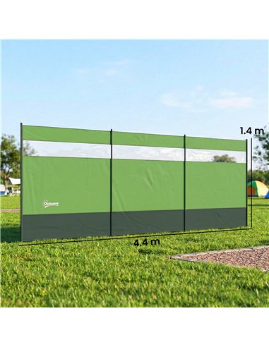 Outsunny Camping Windbreaker with Clear Windows, Carry Bag and Steel Poles, for Beach Caravan Campervan, 440 x 140cm, Army Green