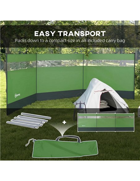 Outsunny Camping Windbreaker with Clear Windows, Carry Bag and Steel Poles, for Beach Caravan Campervan, 440 x 140cm, Army Green - pic 204432 | FastDaddyshop