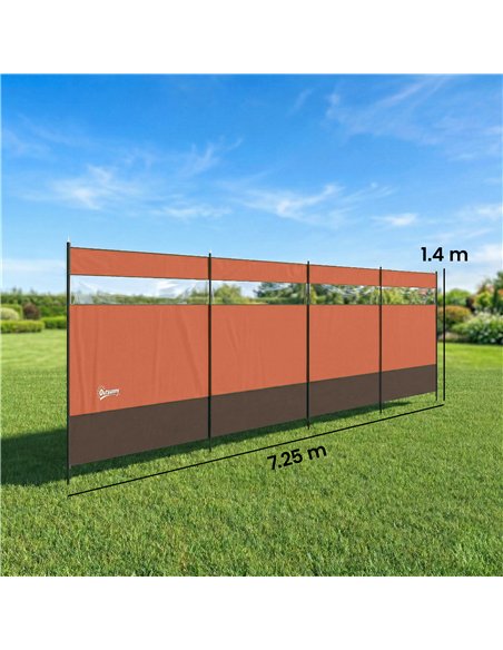 Outsunny Camping Windbreaker with Clear Windows, Carry Bag and Steel Poles, for Beach Caravan Campervan, 725 x 140cm, Orange - pic 204437 | FastDaddyshop
