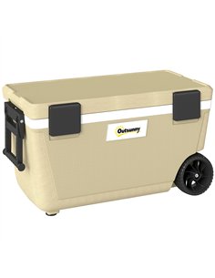 Outsunny 70L Insulated Cool Box with Wheels, Portable Ice Cooler with Handle, Lid and Drain Valve, Khaki
