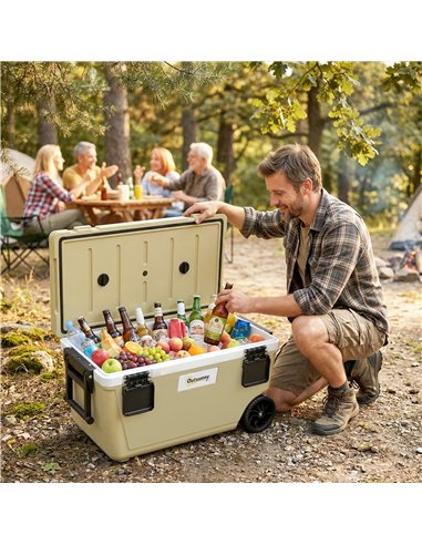Outsunny 70L Insulated Cool Box with Wheels, Portable Ice Cooler with Handle, Lid and Drain Valve, Khaki
