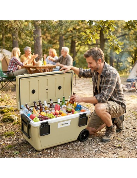 Outsunny 70L Insulated Cool Box with Wheels, Portable Ice Cooler with Handle, Lid and Drain Valve, Khaki - pic 204472 | FastDaddyshop