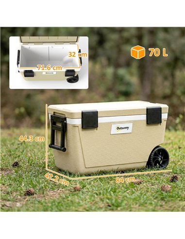 Outsunny 70L Insulated Cool Box with Wheels, Portable Ice Cooler with Handle, Lid and Drain Valve, Khaki