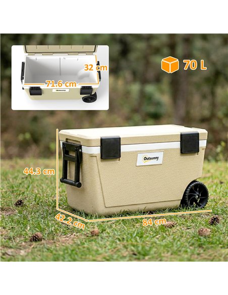Outsunny 70L Insulated Cool Box with Wheels, Portable Ice Cooler with Handle, Lid and Drain Valve, Khaki - pic 204473 | FastDaddyshop