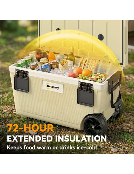 Outsunny 70L Insulated Cool Box with Wheels, Portable Ice Cooler with Handle, Lid and Drain Valve, Khaki - pic 204474 | FastDaddyshop