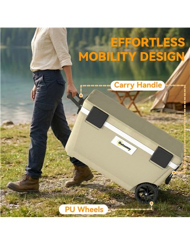 Outsunny 70L Insulated Cool Box with Wheels, Portable Ice Cooler with Handle, Lid and Drain Valve, Khaki