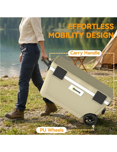 Outsunny 70L Insulated Cool Box with Wheels, Portable Ice Cooler with Handle, Lid and Drain Valve, Khaki - pic 204476 | FastDaddyshop