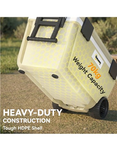 Outsunny 70L Insulated Cool Box with Wheels, Portable Ice Cooler with Handle, Lid and Drain Valve, Khaki