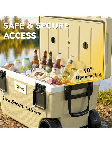 Outsunny 70L Insulated Cool Box with Wheels, Portable Ice Cooler with Handle, Lid and Drain Valve, Khaki