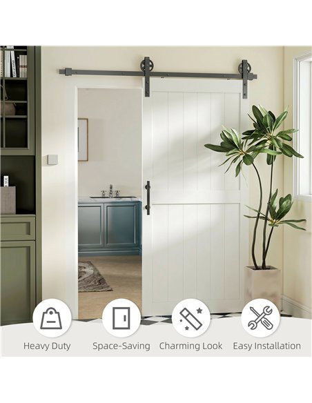 HOMCOM 213.4cm Sliding Barn Door Kit, Sliding Door with Track, Hardware, Upgraded Rollers and Floor Guide, Handle, White - pic 204485 | FastDaddyshop