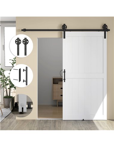 HOMCOM 213.4cm Sliding Barn Door Kit, Sliding Door with Track, Hardware, Upgraded Rollers and Floor Guide, Handle, White