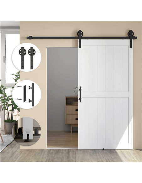 HOMCOM 213.4cm Sliding Barn Door Kit, Sliding Door with Track, Hardware, Upgraded Rollers and Floor Guide, Handle, White - pic 204486 | FastDaddyshop
