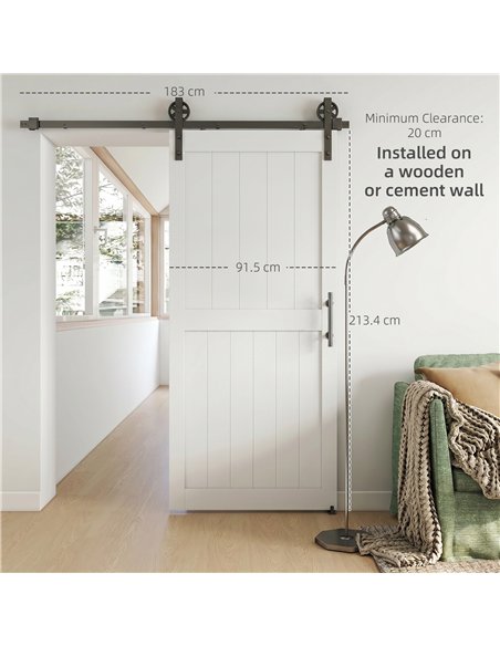 HOMCOM 183cm Sliding Barn Door Kit, Sliding Door with Track, Hardware, Upgraded Rollers and Floor Guide, Handle, White - pic 204511 | FastDaddyshop